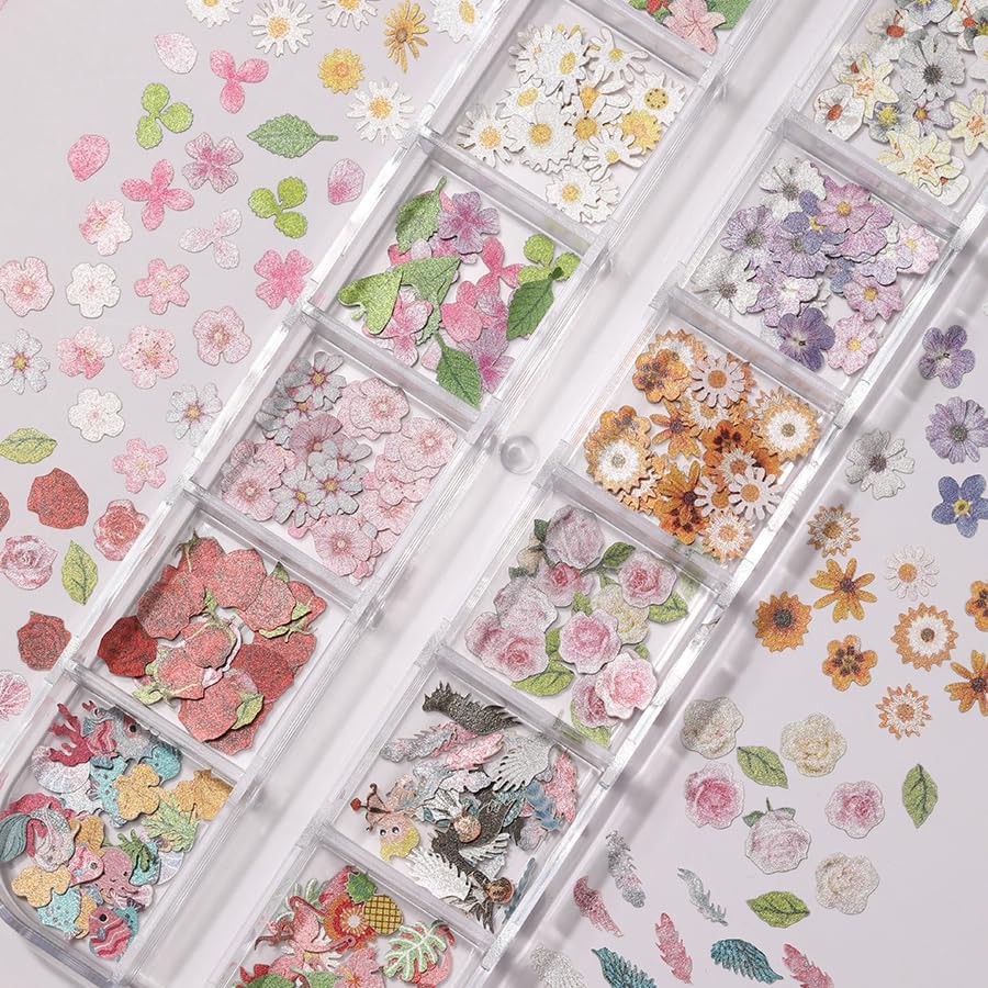 300Pcs 3D Flower Nail Art Charms Sequins Mixed Colorful Nail Flowers for Nail Art Leaves Butterfly Nail Design Slice Nail Flowers Ultra Wood Pulp Flakes Sequins 5