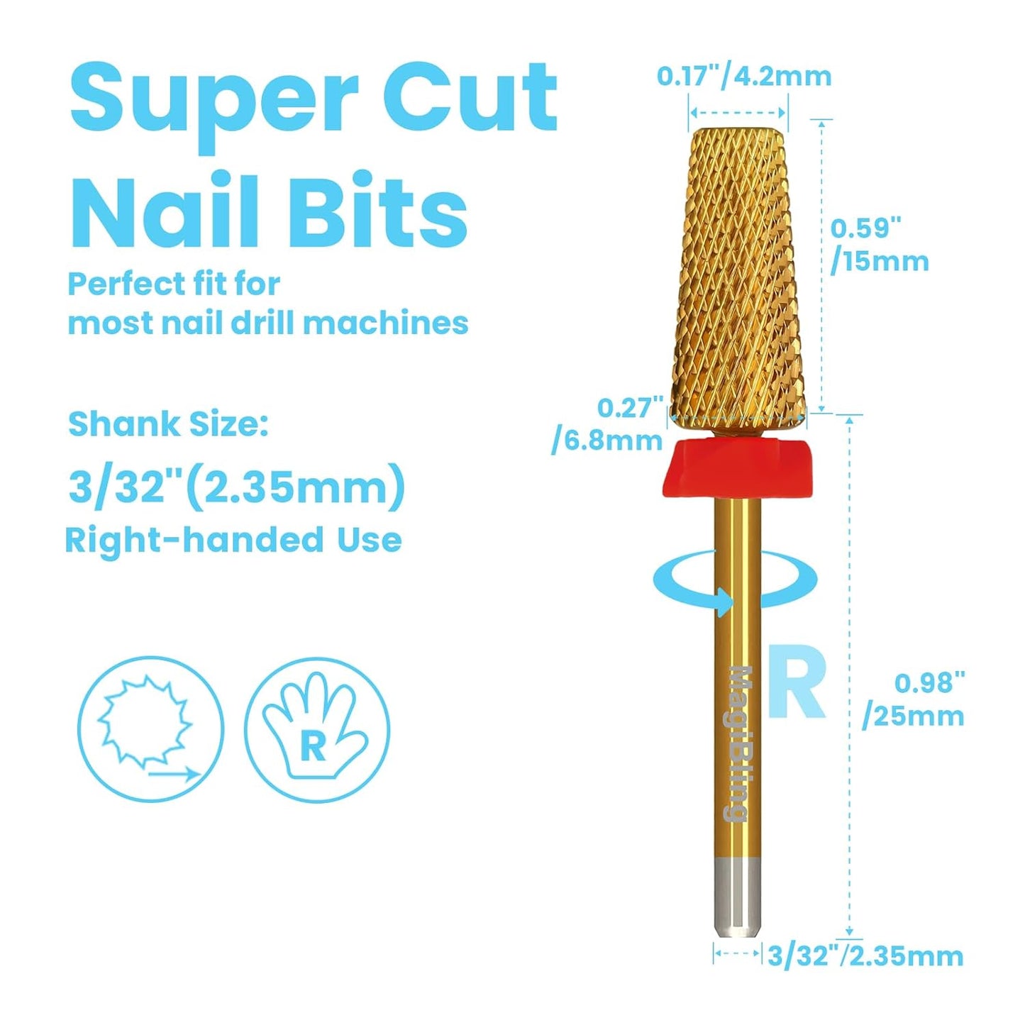 Super Cut Tapered Barrel Nail Drill Bits, 3/32'' Professional Tungsten Carbide Bits, Remove Hard Gel Fast, Right Hand, Suitable for Long Acrylic Nails Gel Polishing, Fine.