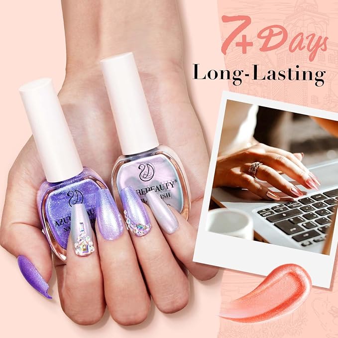 AZUREBEAUTY Pearl Shine Iridescent Shimmer Purple Violet Nude Coral Glitter Orange 8 Colors Nail Polish Set, Quick Dry, Perfect for Women Manicure Nail Art DIY Salon