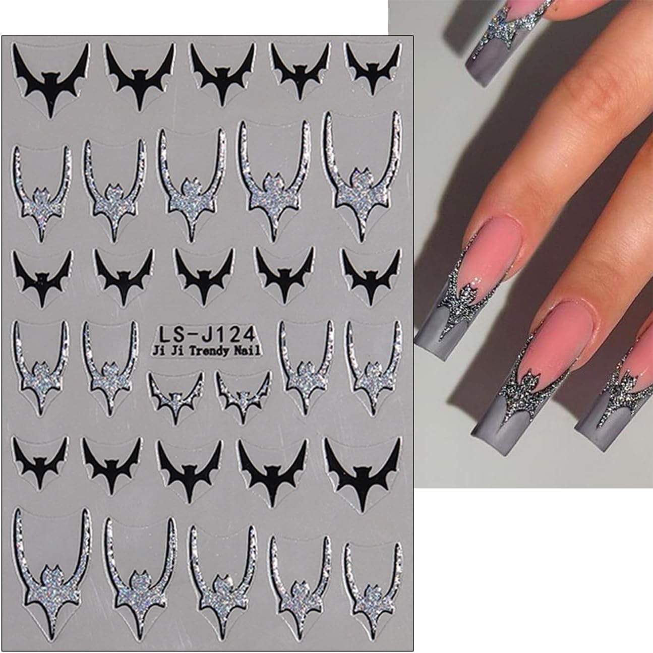 Silver Glitter Spider Nail Stickers,Halloween 3D Nail Decals Spiders Web Love Heart Glitter Flame Blood Drop Bat Star Moon Ghost Skull Design for Nail Art Halloween Supplies Manicure Decorations 6Pcs