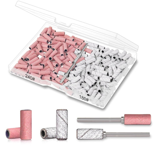 BLESWIN 200Pcs 3mm Small Sanding Bands with 2Pcs Small Mandrel Bit for Nail Drill, Upgrade Mini Nail Sanding Bands for Acrylic Nails Gel Removing Shaping, Manicure Nail Salon Use (240#Pink+180#White)