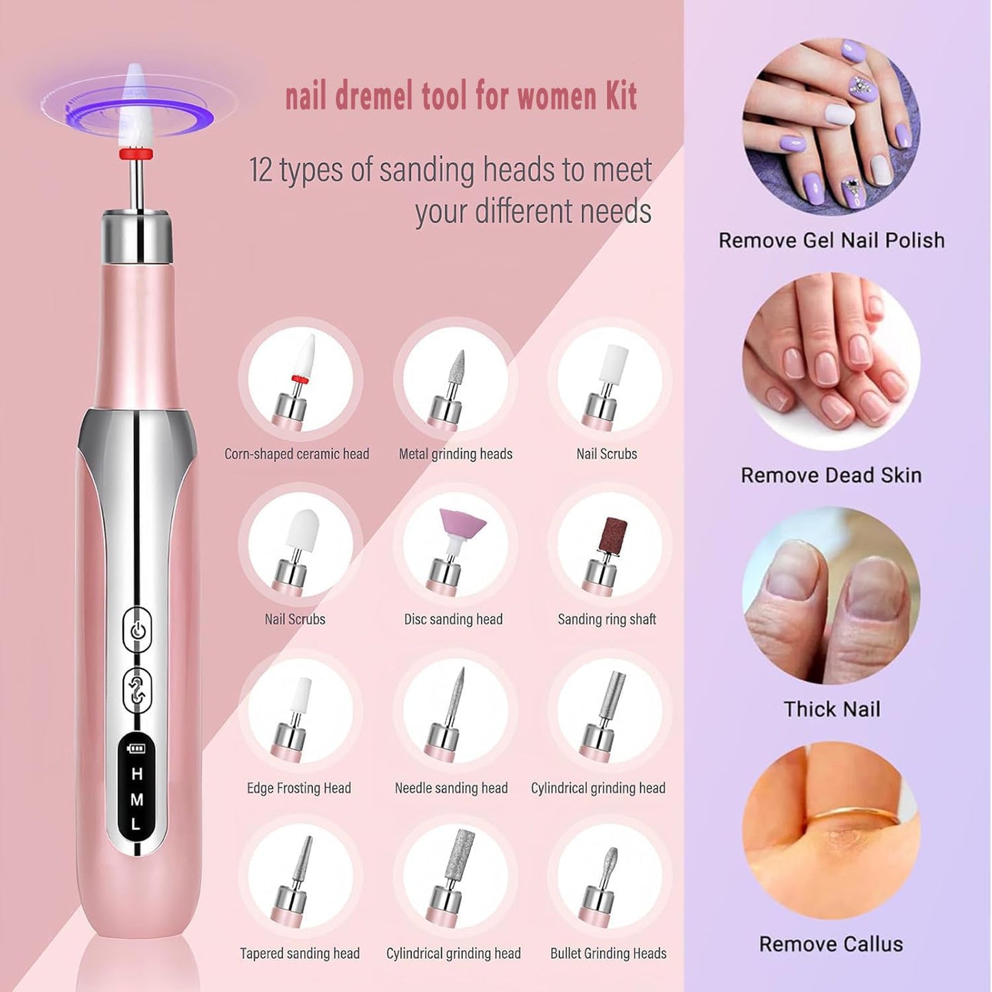 Electric Nail Drill File Cordless,Portable Rechargeable Nail File Kit for Acrylic & Gel Nails,Professional Efile for Manicure Pedicure Polishing,with 12 Nail Drill Bits 31 Sanding Bands,Rose Gold
