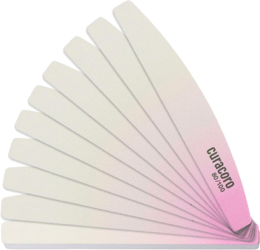 Curacoro 10 PCS Nail File - Professional Half-Moon Nail Files Double Sided Emery Board (80/100 Grit), Washable Nail Files and Buffers, Smooths & Shapes Nails, Manicure & Pedicure Buffing Tools
