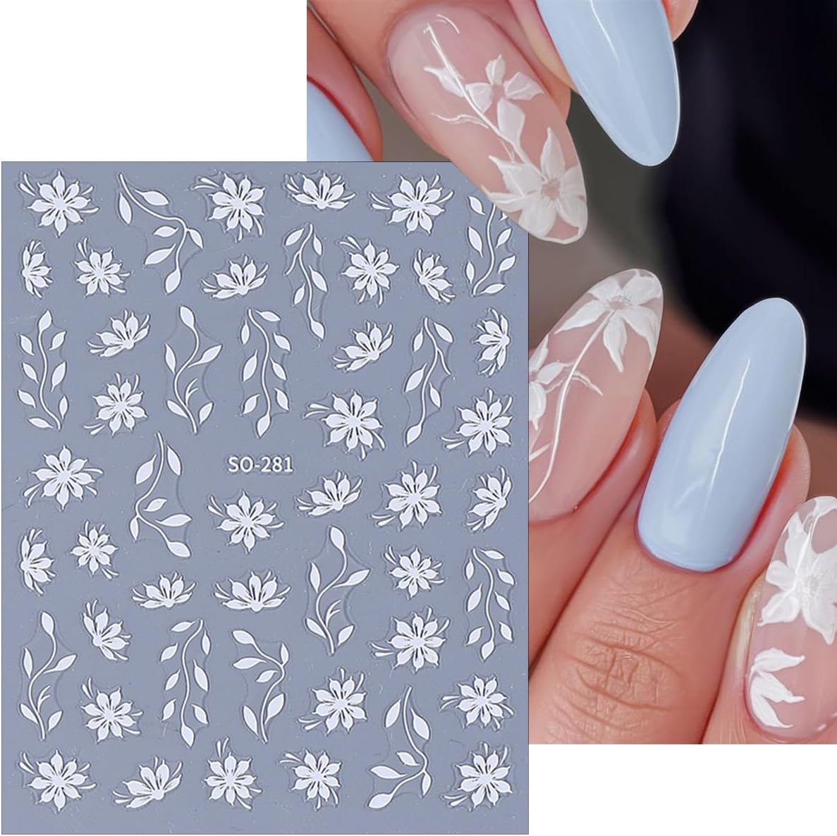 6 Sheets Floral Nail Art Stickers, Spring Leaf Nail Decals, 3D Self-Adhesive Nail Decoration Supplies for Daily Festival DIY Pink White Silver Black Gold Manicure Stickers