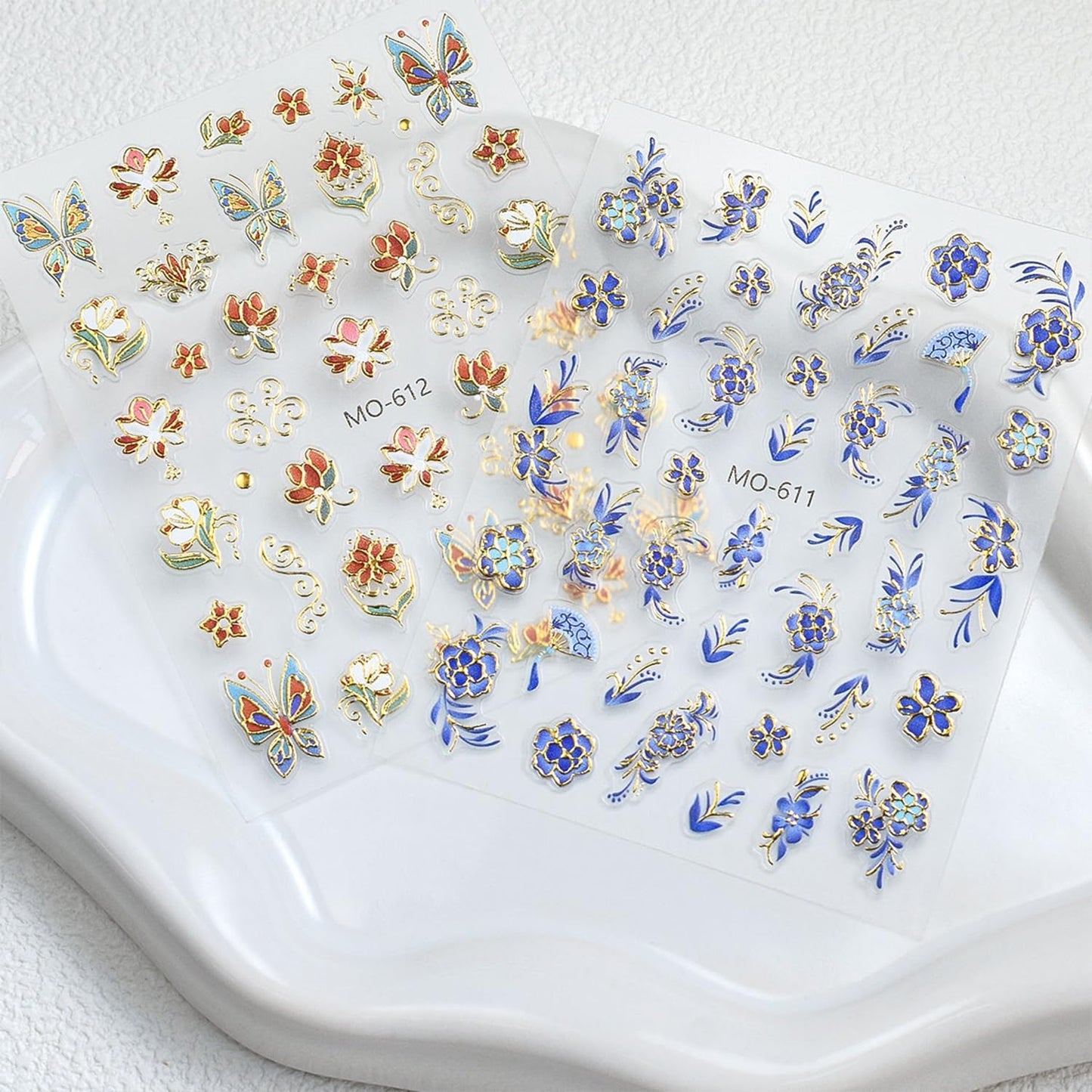 3 Sheet Flower Nail Art Stickers Decals 5D Embossed Self- Adhesive Blue Red Flowers Nail Stickers Gold Floral Nail Decals Supplies for Women DIY Manicure Accessories