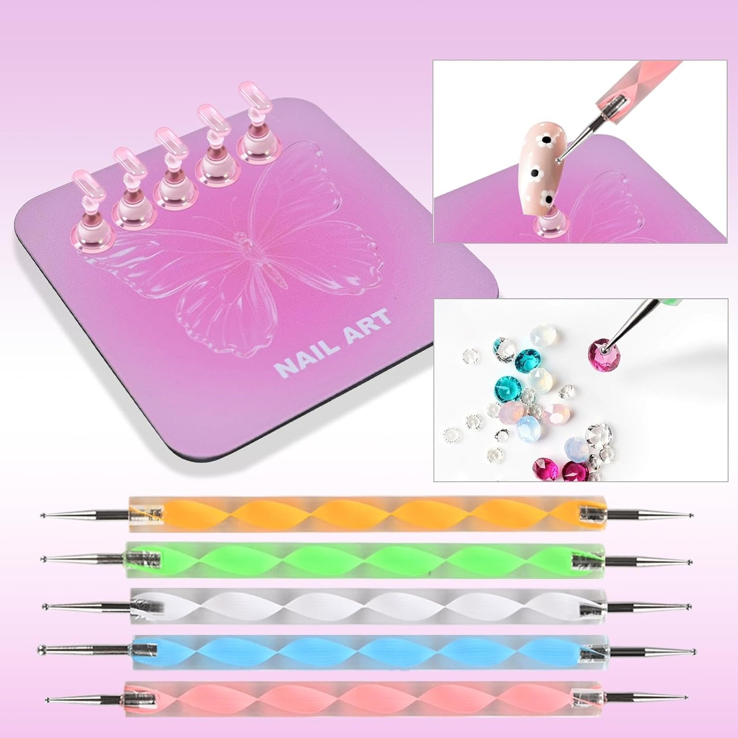 Nail Stand Brush Set, Magnetic Stands with Metal Base Art Palette, Reusable Nail Tips Display Practice Acrylic Holder with 200pcs Sticky Tabs and Tools for Home DIY Salon Supplies-Pink
