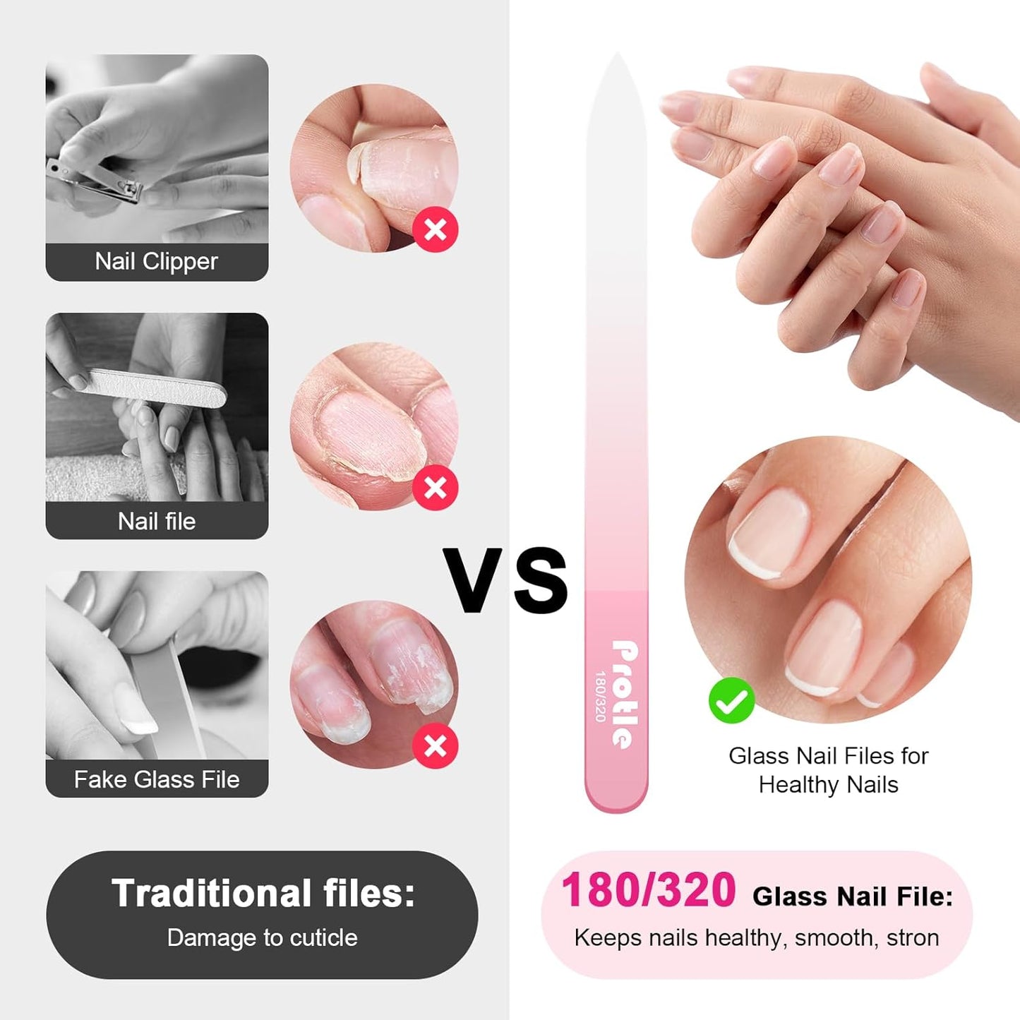 Glass Nail Files for Natural Nails，1Pack Double Sided 180/320 Crystal Nail Filer with Case,Professional Fingernail Files for Women Girls Gifts (Pink)