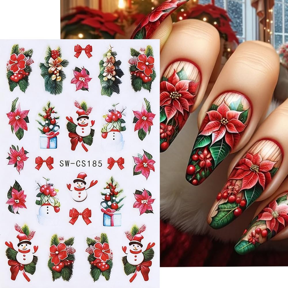 Christmas Nail Stickers Bow Stocking Snowman Nail Art Stickers Holiday Flower Candy Nail Decals 6Pcs Self-Adhesive Christmas Tree Design Sticker Holiday Nail Art Decoration for Women Manicure