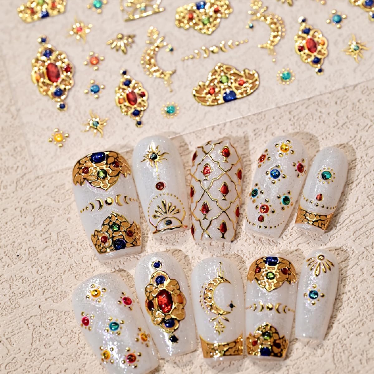 Gold Nail Stickers for Nail Art Self-Adhesive Bohemia Totem Vintage Luxury Nails Design 5D Nail Art Stickers Gold Colorful Diamond Nail Decals for Women Nail Supplies Accessories 1Sheets