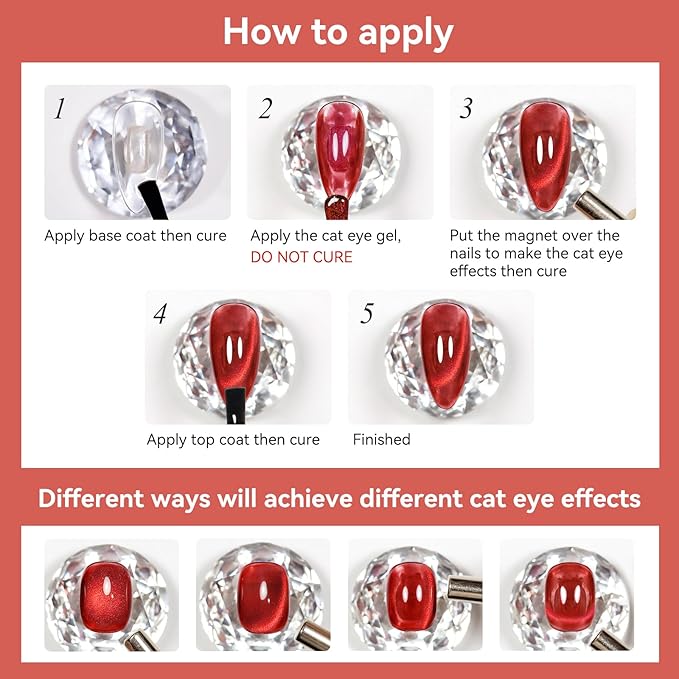 Cat Eye Magnetic Gel Nail Polish, Red Nail Polish Color Burgundy Red Moonlight UV Glitter Holographic With Magnet Manicure Salon DIY At Home