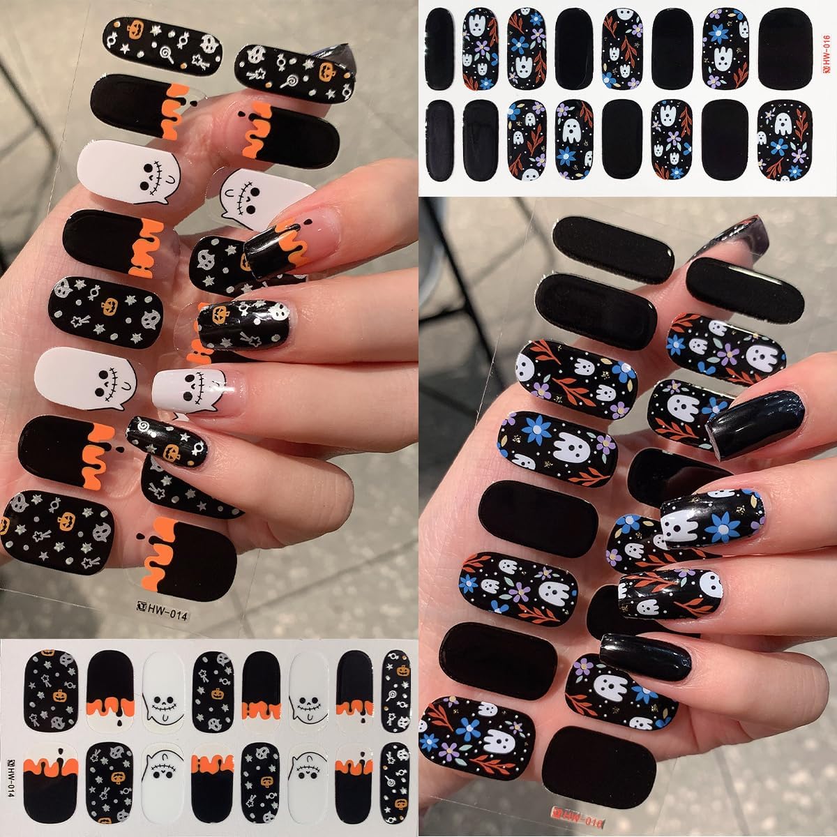 6 Sheets Halloween Nail Art Stickers Cute Cat Ghost Full Nail Wraps Stickers 3D Self-Adhesive Pumpkin Bat Spider Mummy Nails Polish Sticker Shiny Spider Web Gel Nails Strips Decals for Women