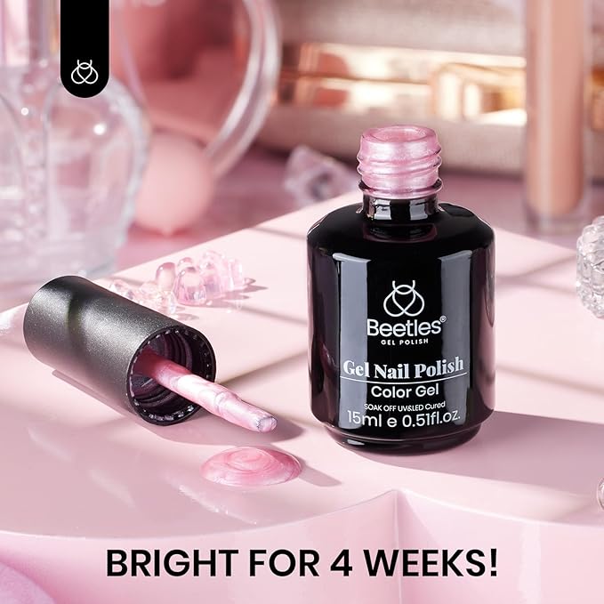 Beetles Pearl Pink Gel Nail Polish – Soft Afternoon Mermaid Gel Polish, 15ml Thread Effect Pink Nail Swirl Shell UV LED Soak Off Gel Manicure