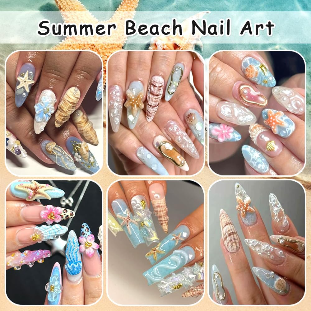 Ocean Life 5D Embossed Nail Art Stickers Decals, 5 Sheets Starfish Seashell Jellyfish Hibiscus Flowers Self Adhesive Nail Decals Summer Sea Theme Nail Supplies for Women Girls DIY Manicure Decor
