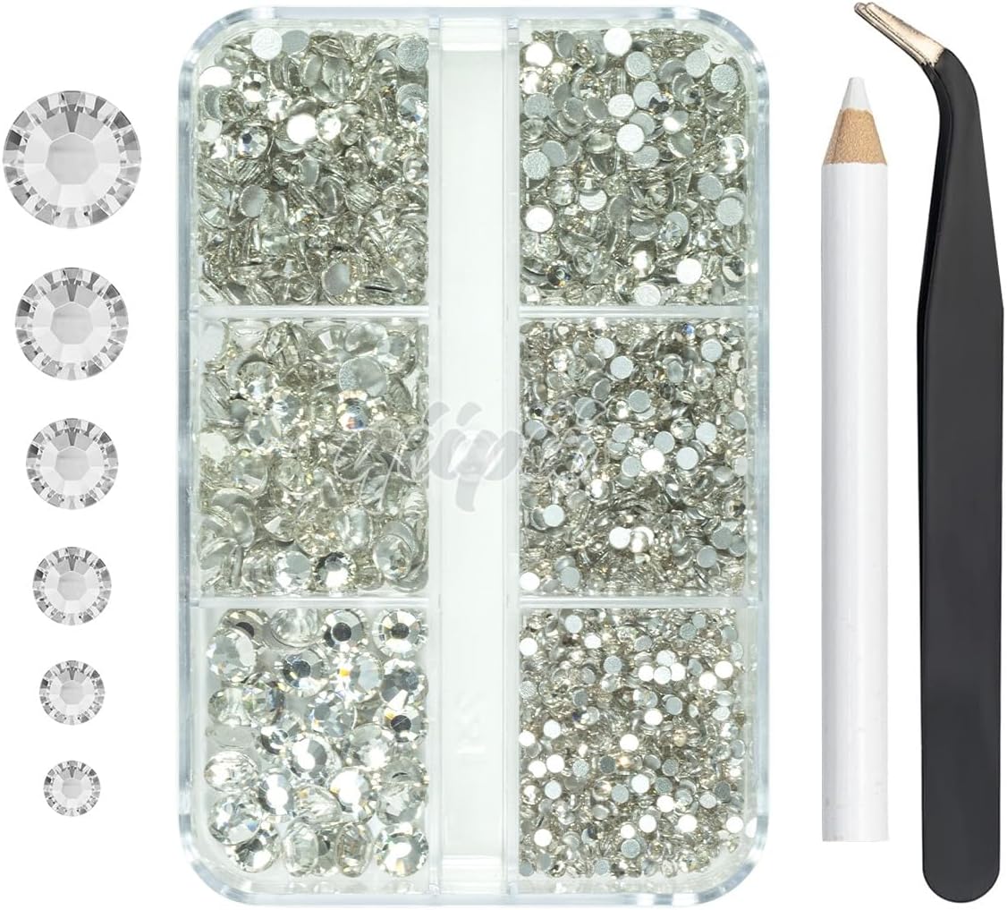 2550pcs Crystal Clear Nail Art Flatback Rhinestones for Face Makeup, White Nail Gems Gemstones K9 Glass SS4SS20 6 Sizes Bling Diamonds Stones w Tweezer & Wax Picking Pen for DIY Crafts