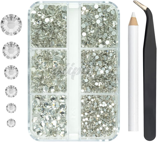 2550pcs Crystal Clear Nail Art Flatback Rhinestones for Face Makeup, White Nail Gems Gemstones K9 Glass SS4SS20 6 Sizes Bling Diamonds Stones w Tweezer & Wax Picking Pen for DIY Crafts