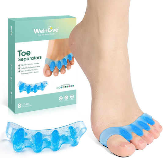 Welnove Toe Separators & Toe Spacers: Bunion Corrector for Women Men, Toe Spacers Toe Stretcher for Nighttime, Yoga Practice (8Pcs, Blue)