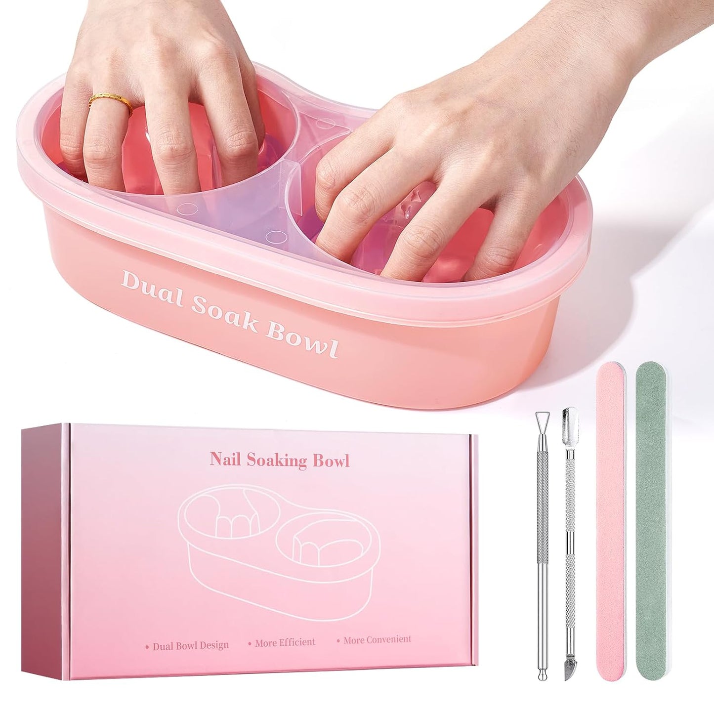 Dual Nail Soaking Bowl Acetone Proof: 2-in-1 Dip Powder Gel Nail Polish Remover Soak off Bowl for Women - Time-Saving Acrylic Nail Remover Kit for Home Salon (Big Size, Rose)