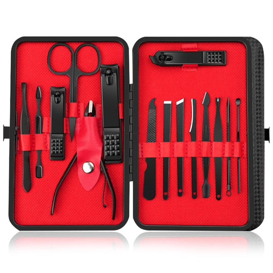 Professional 15-in-1 Stainless Steel Manicure & Pedicure Set - Luxury Grooming Kit for Men & Women with Leather Case, Travel Essentials for Nail & Foot Care(Black/Red)