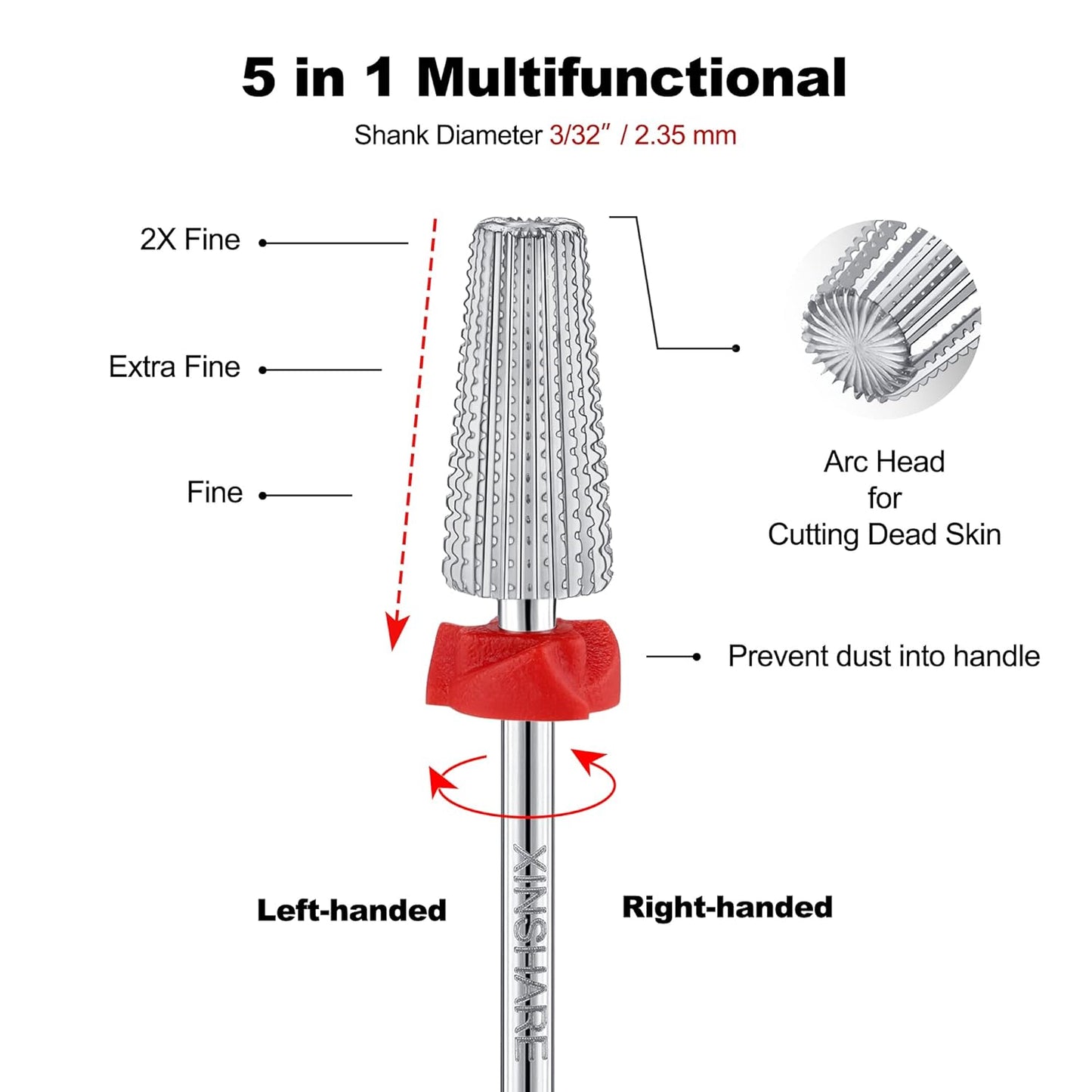 Nail Drill Bit Carbide 5 in 1 Multi-function Manicure Drill Bit 2 Way Rotate Use for Both Left and Right Handed, Fast Remove Acrylic or Hard Gel, Nail Drill Machine,Fine