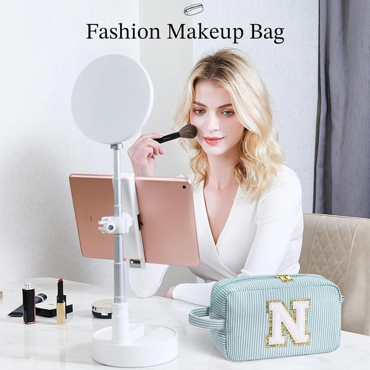 YOOLIFE Makeup Bag - Initial Makeup Bag Cosmetic Bag, Monogram Makeup Bags, Cosmetic Bag, Make Up Bag, Travel Toiletry Bag, Cute Makeup Pouch Makeup Case, Personalized Makeup Bags for Women L