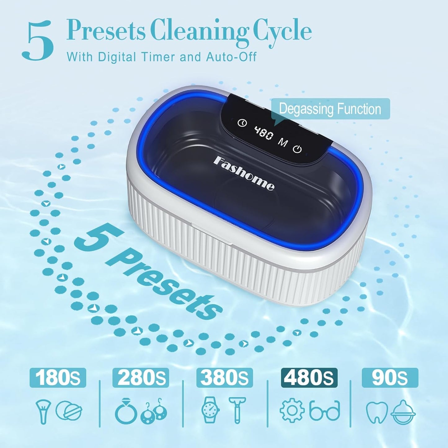 Ultrasonic Jewelry Cleaner with Basket/Holder, Adjustable Power Ultrasonic Cleaner for Retainers, Rings, Eyeglasses, Dentures, Watch Bands - 550ML 20oz w/Lights, 5 Cleaning & Degas Modes