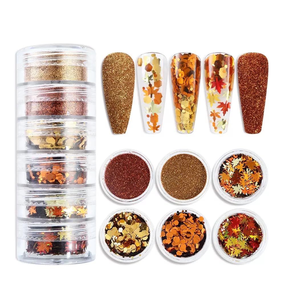 Fall Nail Art Glitters Sequins, 12 Boxes Maple Leaf Nail Art Decoration Flakes 3D Leaf Nail Decals Gold Orange Nails Art Designs Holographic Thanksgiving Day Glitters for Nails Decorations