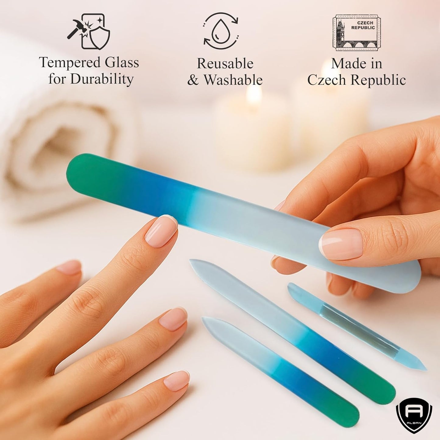 Alban Czech Glass Nail File Set with Manicure Stick & Vegan Leather Cosmetic Case (Green-Blue Nail Files, Light Blue Manicure Stick & Cosmetic Case)