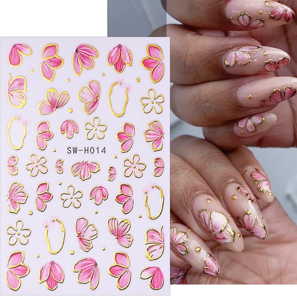 4 Sheets Pink Flower Nail Stickers, Gold Stamping Floral Nail Art Decals, 3D Self-Adhesive Nail Design Stickers for Women DIY Spring Season Purple Pink Flower Manicure Decoration Supplies