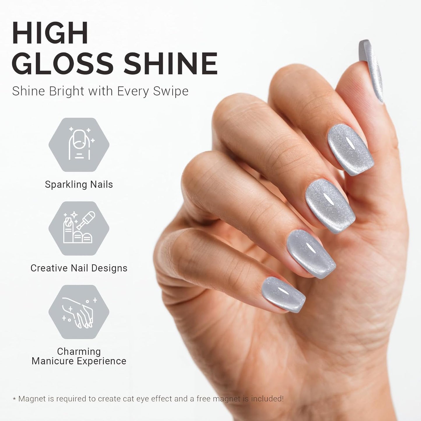 MelodySusie Jeweliver Cat Eye Gel Nail Polish, 0.5 Fl Oz Silver Glitter Holographic Magnetic Nail Polish with Magnet, UV Nail Polish for Nail Art Manicure Salon DIY at Home C01