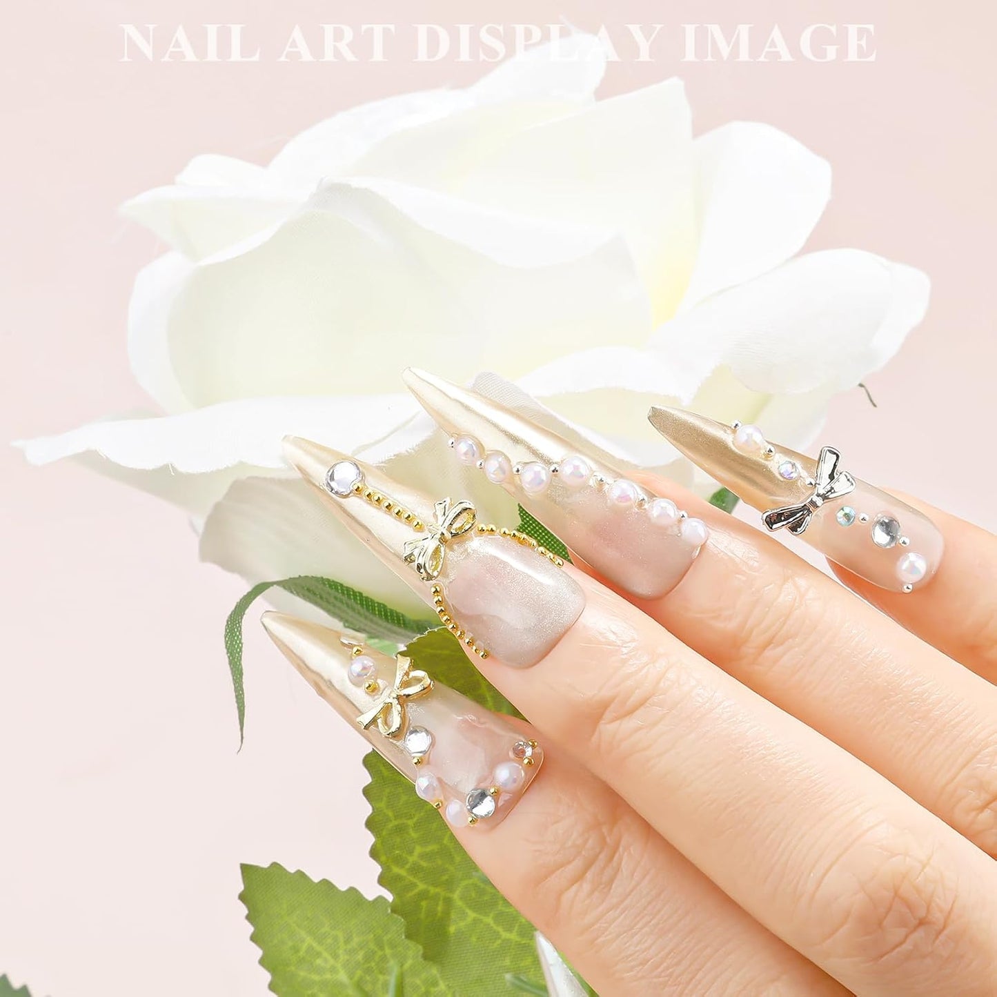 3D Metal Bowknot & AB Pearl and Mini Beads Nail Art Kit - Gold/Silver Alloy Bowknot, 1-2mm Stainless Steel Caviar Beads, 3mm Half Pearls for Professional Salon & DIY Manicure Jewelry Designs (Set 2)