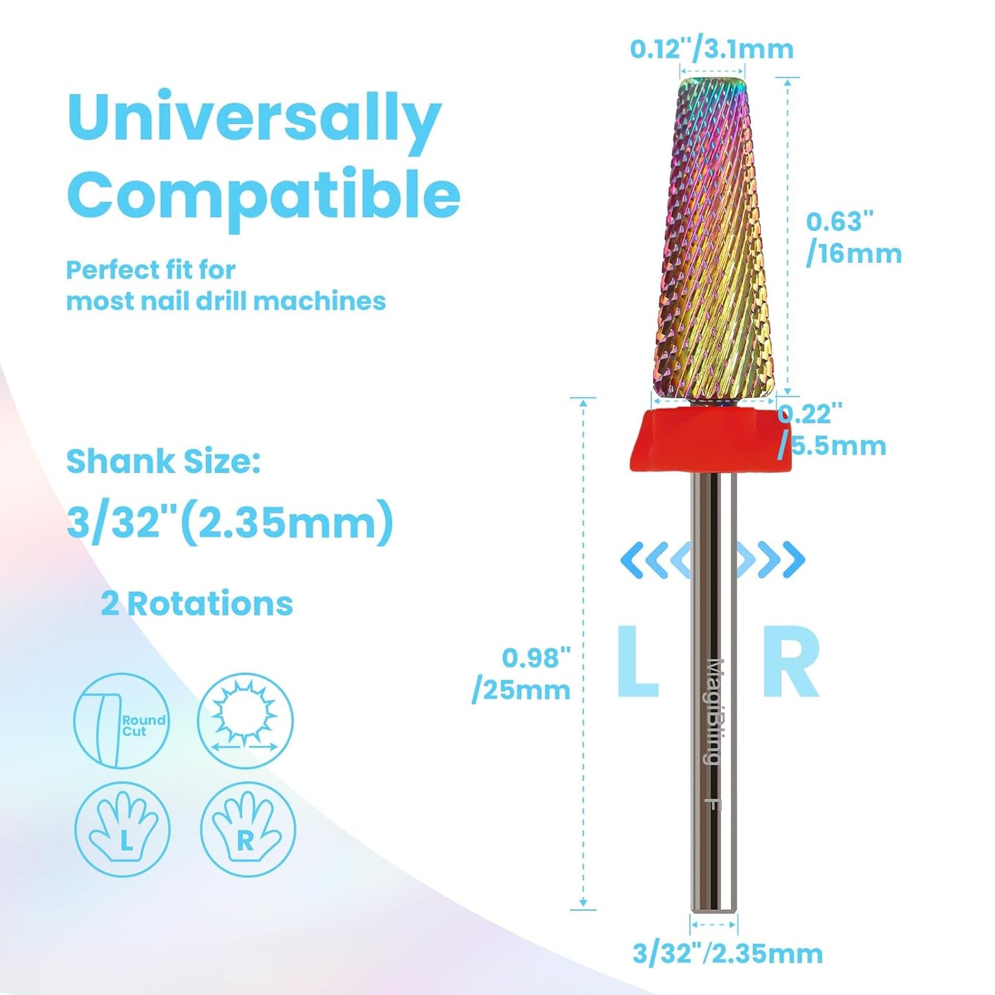 F 5 in 1 Nail Drill Bits, 16mm Tapered 3/32'' Professional Tungsten Carbide Bit for Efile, 2 Rotation for Electric Drill, Remove Thick Thin Gel, Manicure Cuticle Gel Polishing, Technicians Bits, Fine.