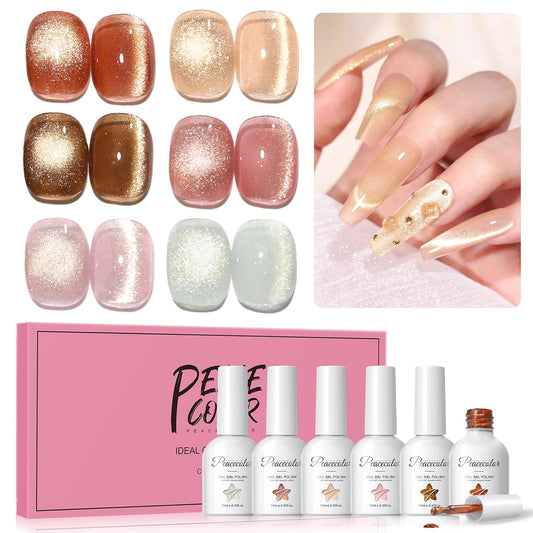 PEACECOLOR Brown Cat Eye Gel Nail Polish Set, 6pcs10ML Brown Red Milky Pink Nude Fall Jelly Gel Manicure Kit Nail Art DIY at Home All Seasons (1)