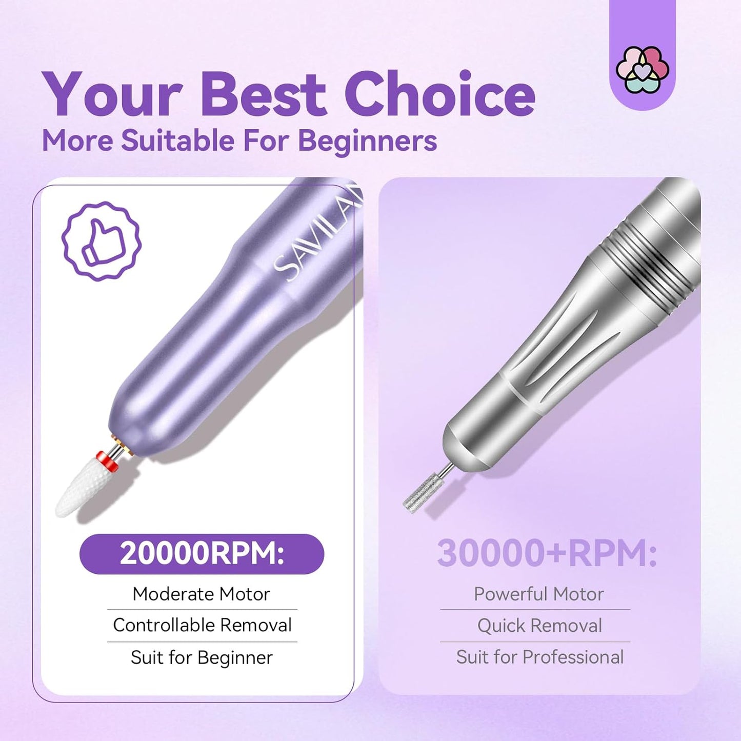 SAVILAND Portable Electric Nail Drill: Nail Drill Kit 20000RPM Purple Cuticle Bit Nail File 51 Sanding Bands Beginners at Home Manicure Pedicure