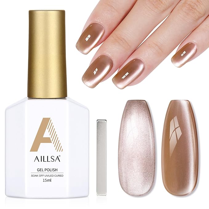 AILLSA Glass Cat Eye Gel Nail Polish, 15ml Brown Glitter Jelly Sheer Gel Polish, Translucent Magnetic Shimmer Sparkle Nail Art U V Salon 0.5 OZ GF33