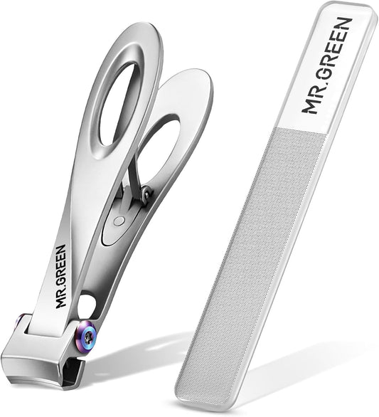MR.GREEN Nail Clippers Wide Jaw Opening Stainless Steel Fingernail Clipper Thick Hard Toenail Cutter Manicure Scissors Tools (Nail Clipper (Medium)+Nail File)