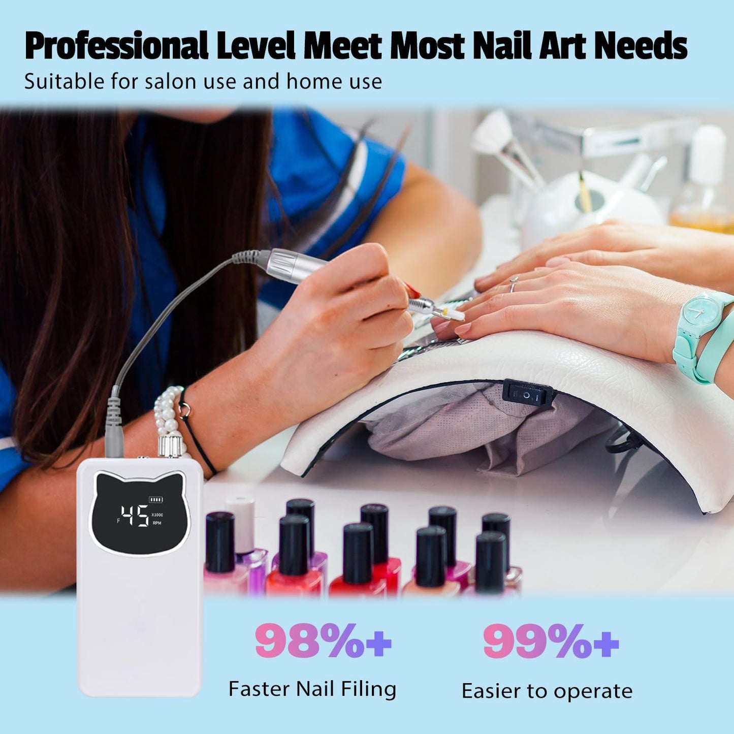 Professional Nail Drill File 45000RPM Electric Portable Nails Drills Kit with Rechargeable 7 uñas Bits Cordless Efile for Poly Gel Acrylic Nails Remover Home Salon Pedicure Manicure Tool (White)