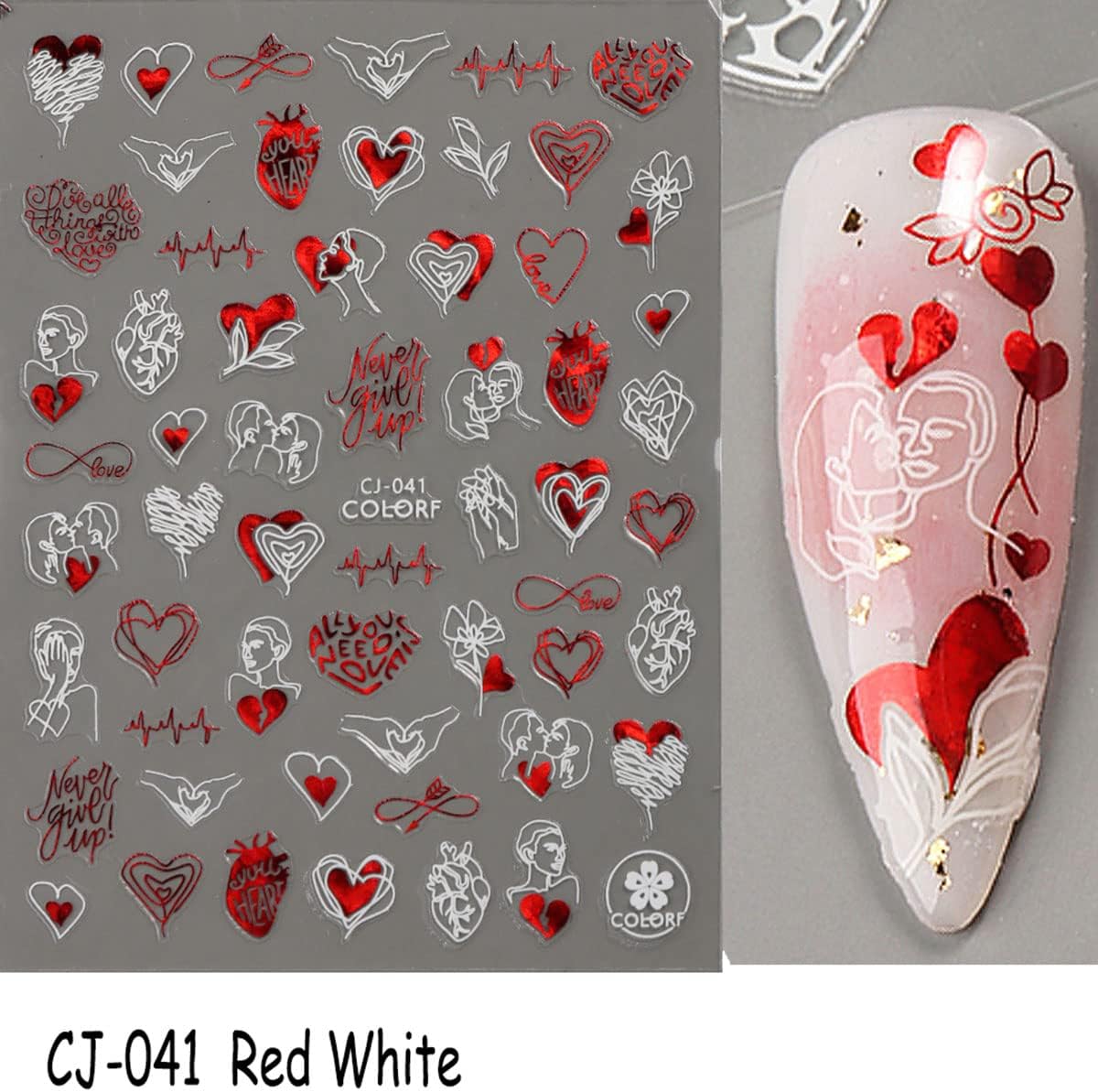 Valentines Day Nail Art Stickers Decal Red Heart Nail Sticker Valentines Nail Decorations 3D Self-Adhesive Red White Rose Love Heart Lip Nail Design for Acylic Nail Manicure Decor 6sheets