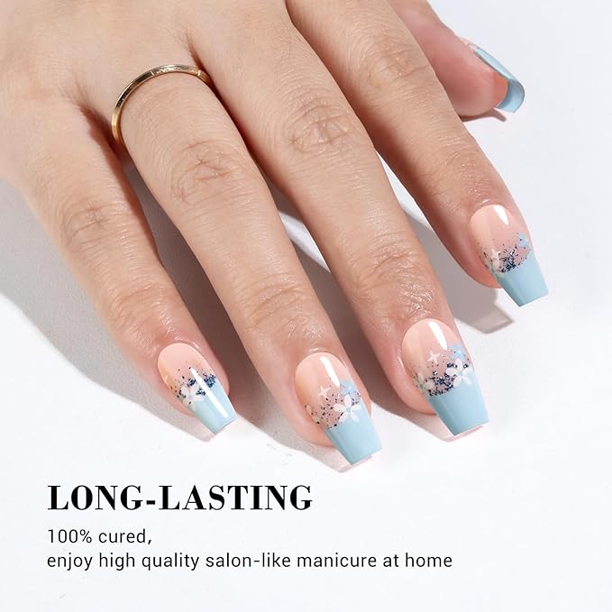 MelodySusie 30PCS Semi Cured Gel Nail Strips (Blue Glitter French Tips), Works with Nail lamp, Salon Quality, Long Lasting, Easy to Apply and Remove, Includes 2 Prep Pads, Nail File and Wooden Stick