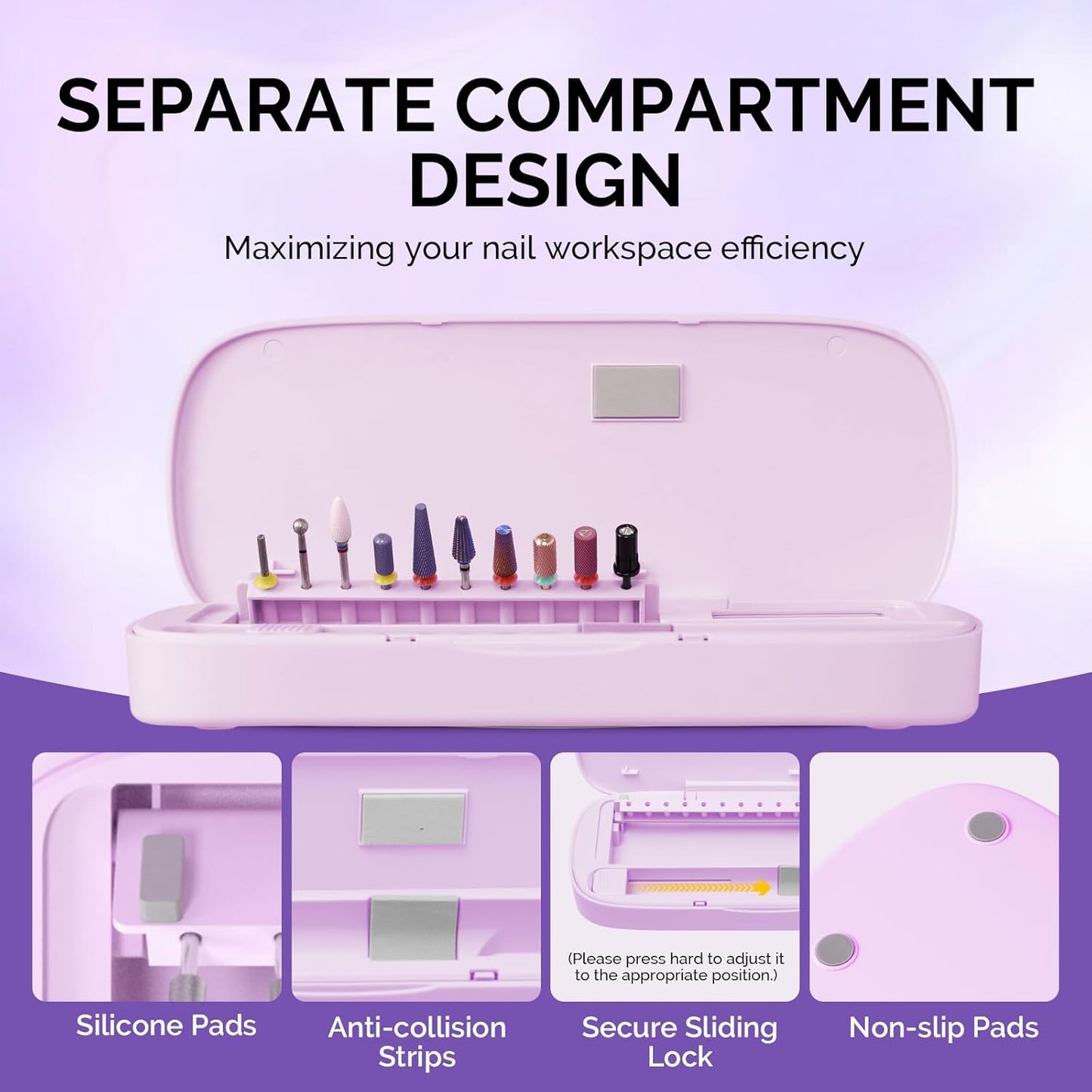 [2025 Upgraded]MelodySusie Acrylic Nail Tool Storage Box,Portable Dustproof Stand Displayer Holder Organizer Container Manicure Efile Accessories Nail Drill Kit Case,Travel Salon Home,Purple(Only Box)