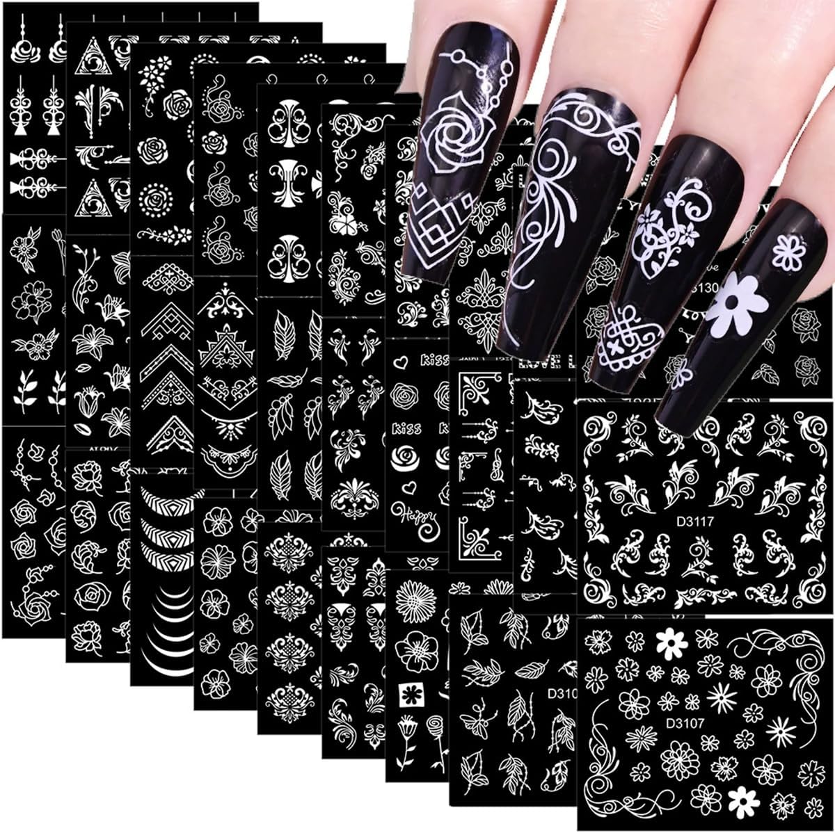90 Sheets Flower Nail Stickers 3D Self-Adhesive Gold White Black Nail Decals Lace Retro Floral Leaf Nail Art Designs for Women and Girls Nail Art Decoration Accessories with Nail Tweezer
