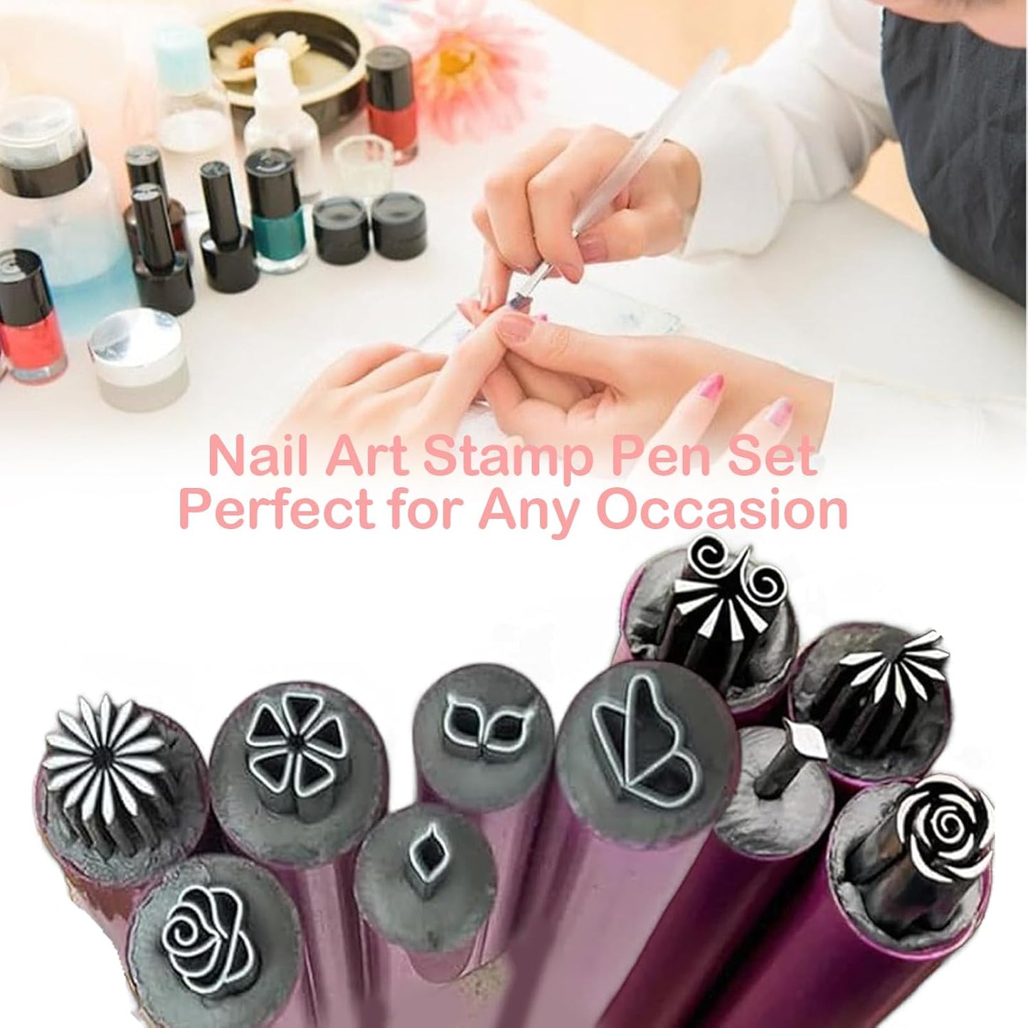 Nail Art Stamp Pen Set, Nail Art Stamp Stamps Pen –DIY Nail Art Tools, Butterfly & Rose Patterns Nail Stamping Tools for Creative DIY Home Manicures (10pcs)