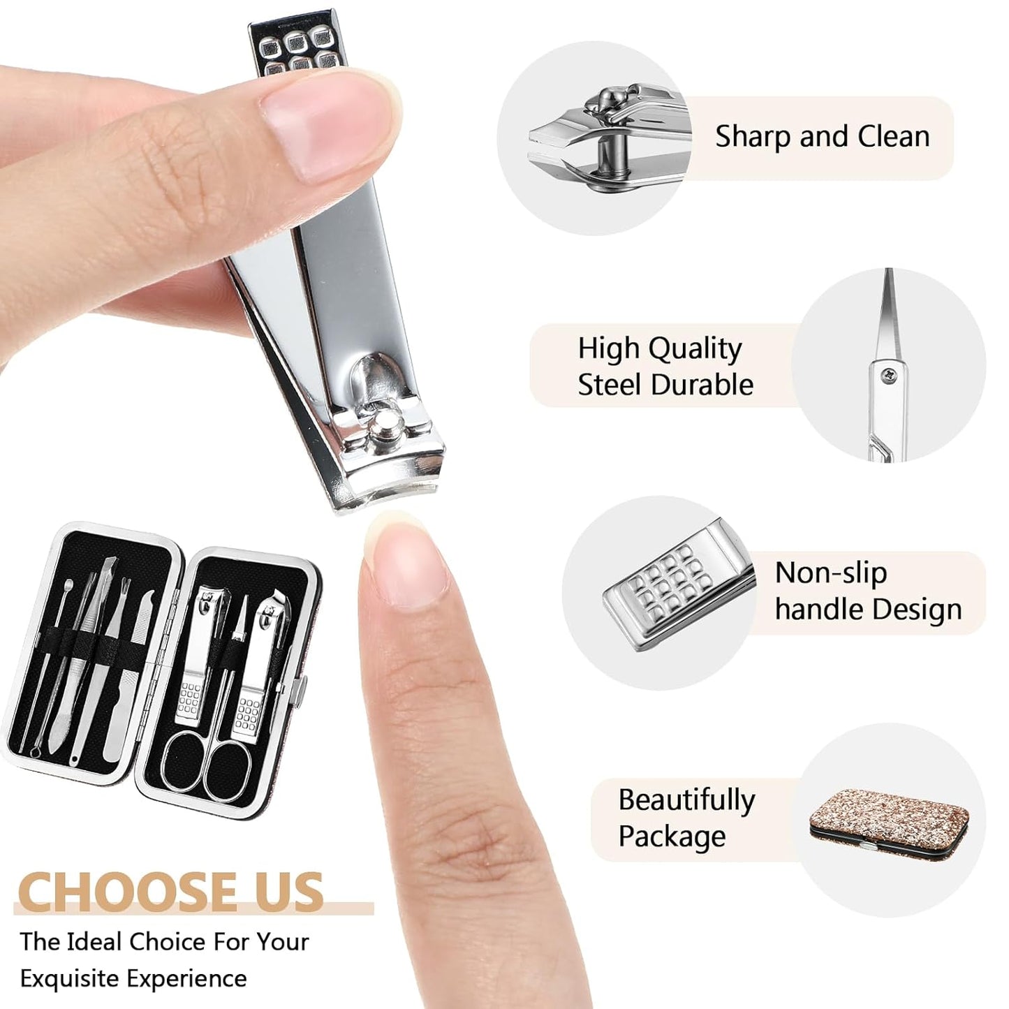 Geosar 12 Set 8 in 1 Manicure Set Stainless Steel Nail Clippers Kit Pedicure Care Tools with Leather Case Travel Grooming Kit Gift for Women Men(Glitter Rose Gold)
