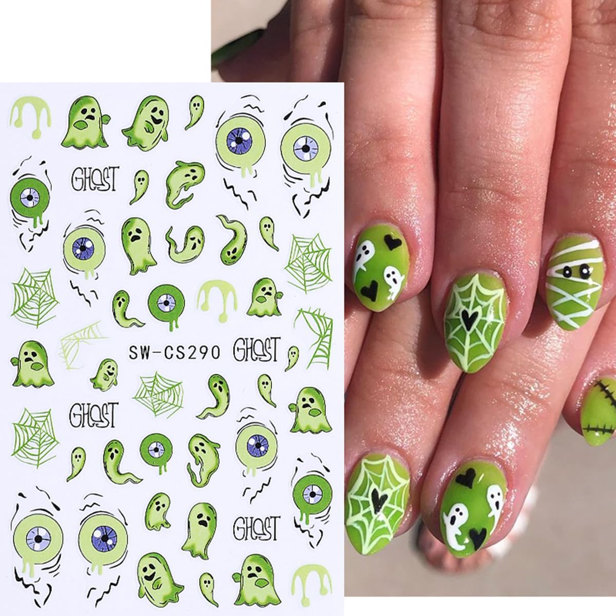 Halloween Nail Art Stickers 3D Self-Adhesive Nail Decals Nail Art Supplies 8PCS Pink French Flame Pumpkin Spider Web Ghost Eyeball Halloween Nails Adhesive Sliders for Women DIY Manicure Decorations