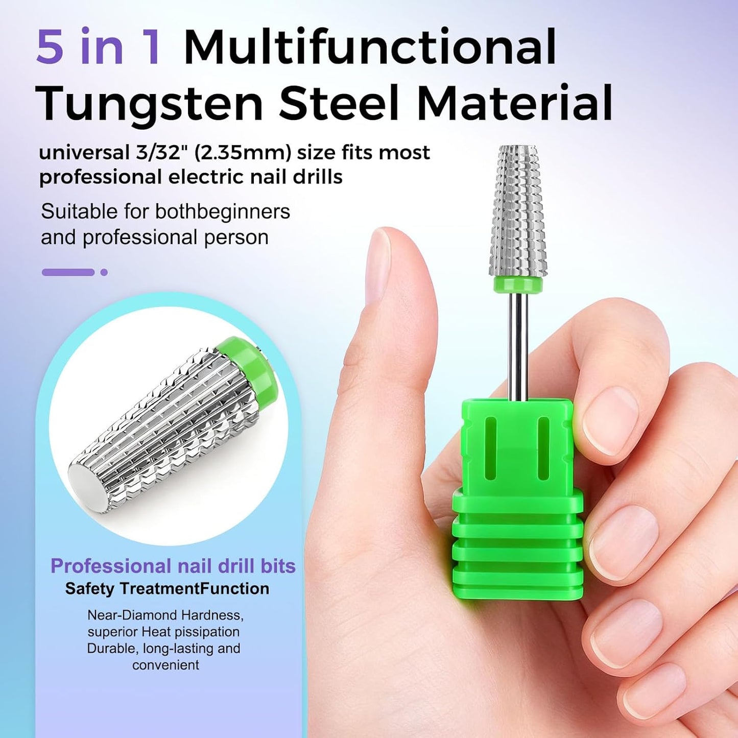 Fantexy 5 in 1 Nail Drill Bits,Professional 3/32" Shank Tungsten Steel Bits for Acrylic Nails,Manicure,Nail Art,Drill Machine,Both Left and Right Handed - Two Way Rotate Use (Coarse - C)