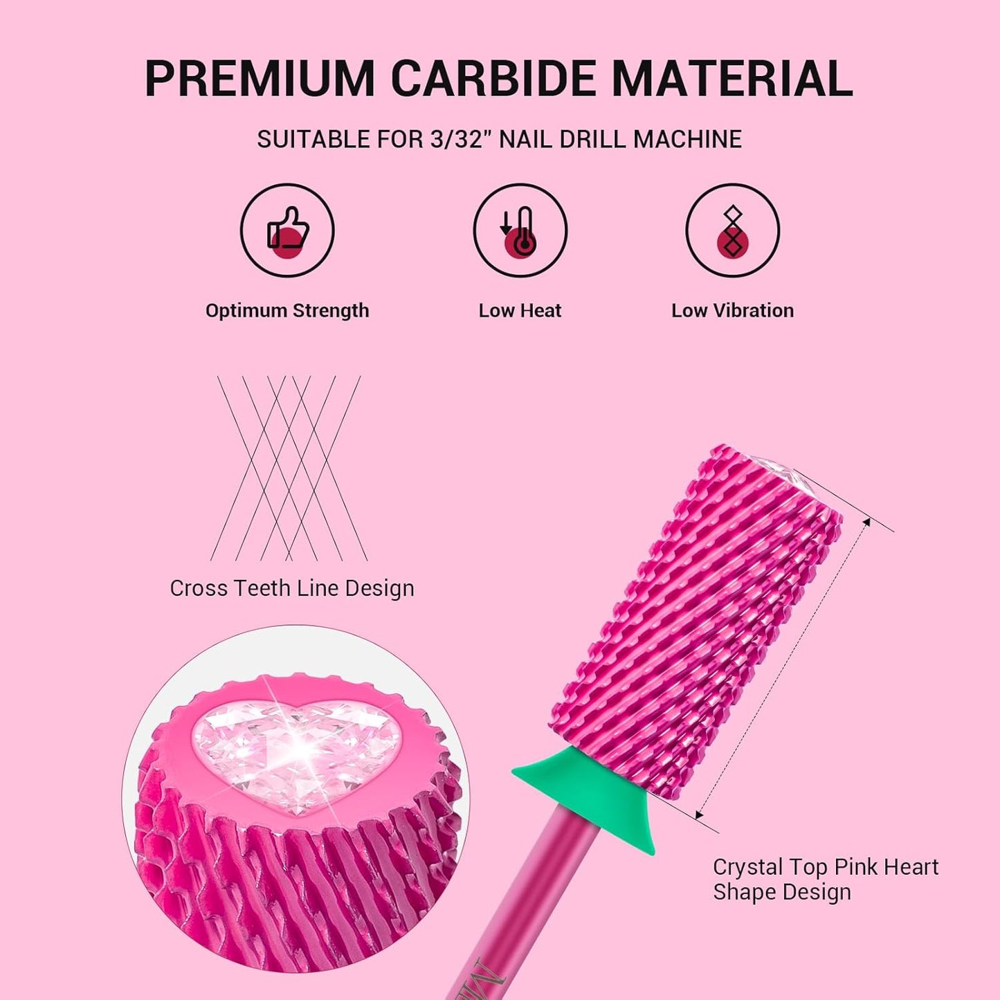 MelodySusie Large Barrel 3/32'' Tungsten Carbide Nail Drill Bit, Crystal Top Pink Heart Shape, Fast Remove Acrylic Gel, Cuticle Gel Polishing for Manicure Pedicure, Pink Blossom, Series Bit-S, Coarse
