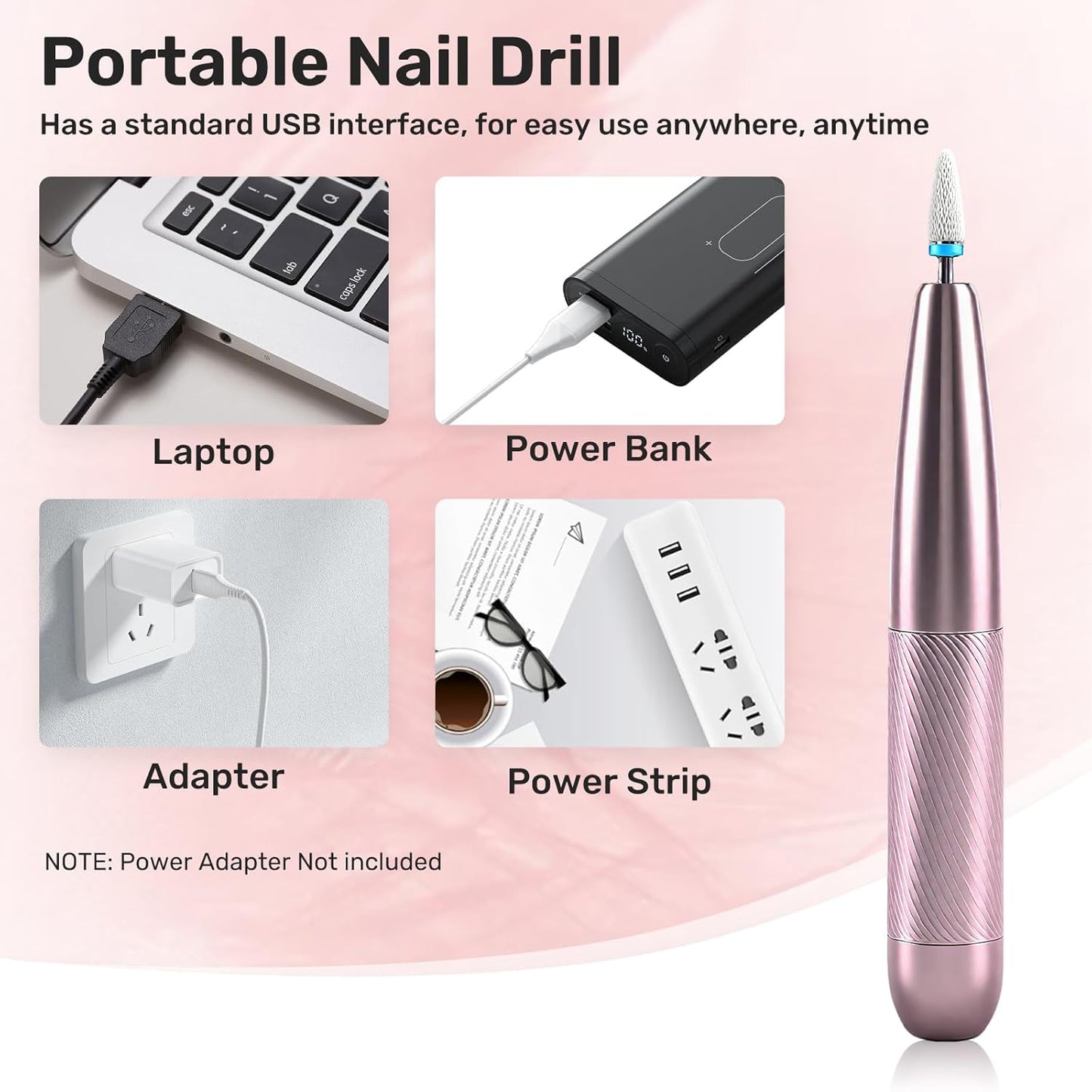 Portable Electric Nail Drill Machine Professional Kit, 0-23000 RPM Adjustable Speed, Nail Grinder Manicure Tool for Home Salon with Drill Bits Sanding Bands for Acrylic Gel Nails Pink