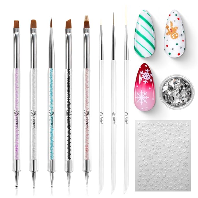 Beetles Christmas Nail Art Brushes 8pcs – Crystal Christmas Nail Art Tools 5pcs Double-ended Nails Dotting Tool, 3pcs Striping Liner Brushes for Nails with Charms and Stickers Manicure Design Tools