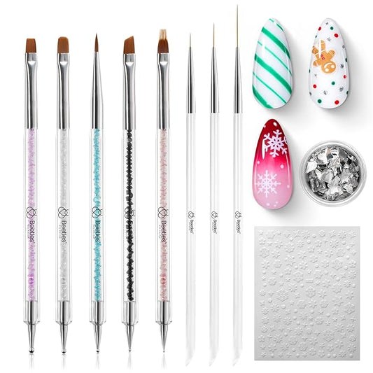 Beetles Christmas Nail Art Brushes 8pcs – Crystal Christmas Nail Art Tools 5pcs Double-ended Nails Dotting Tool, 3pcs Striping Liner Brushes for Nails with Charms and Stickers Manicure Design Tools