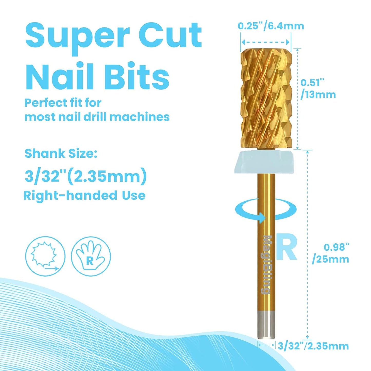Super Cut Large Barrel Nail Drill Bits, 3/32'' Professional Tungsten Carbide Bits, Remove Hard and Soft Gel Fast, Right Hand Use, Manicure Pedicure Cuticle Gel Polishing, Gold Color, Quadruple Coarse.