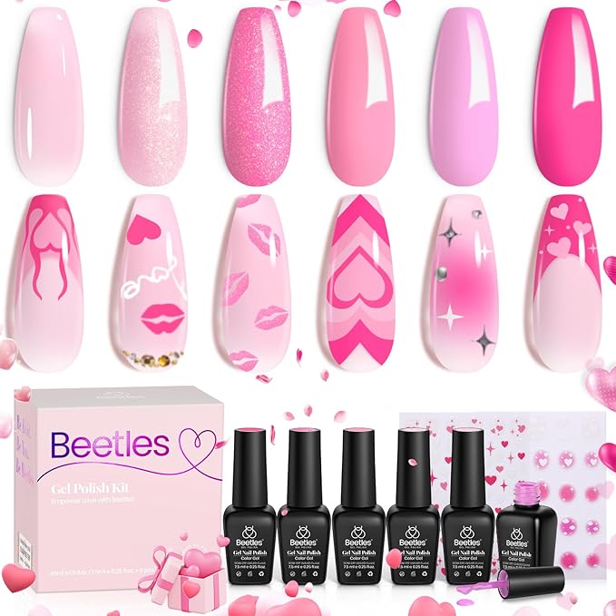 Beetles Pink Gel Nail Polish, 6 Colors Hot Pink Glitter Bright Jelly Gel Polish Soak off Uv LED Cured Nail Art Design Salon Home DIY Manicure Gifts for Women